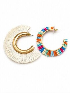 Mismatched Fuzzy Rainbow Beaded Hoop Fiesta Statement Earrings